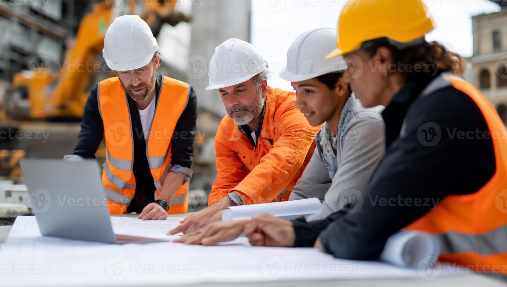 Construction team reviewing project plans on site